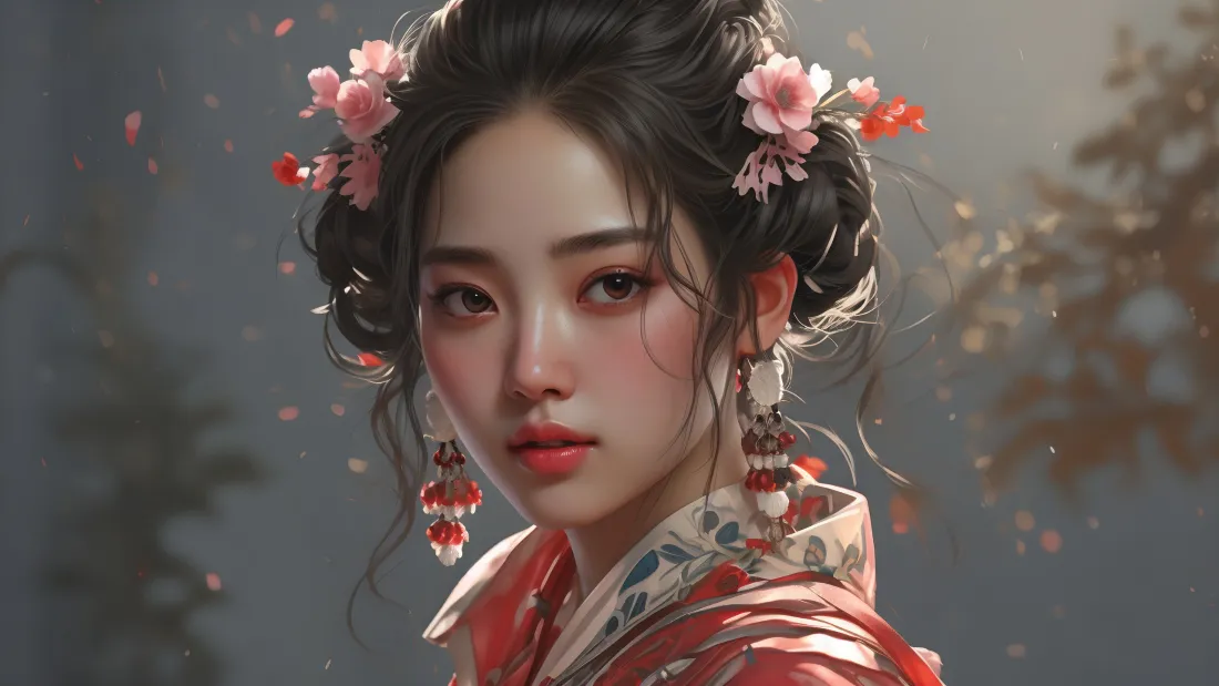 3kAI古装美女壁纸｜古风背景图 - 红衣发饰魅力迷人「哲风壁纸」