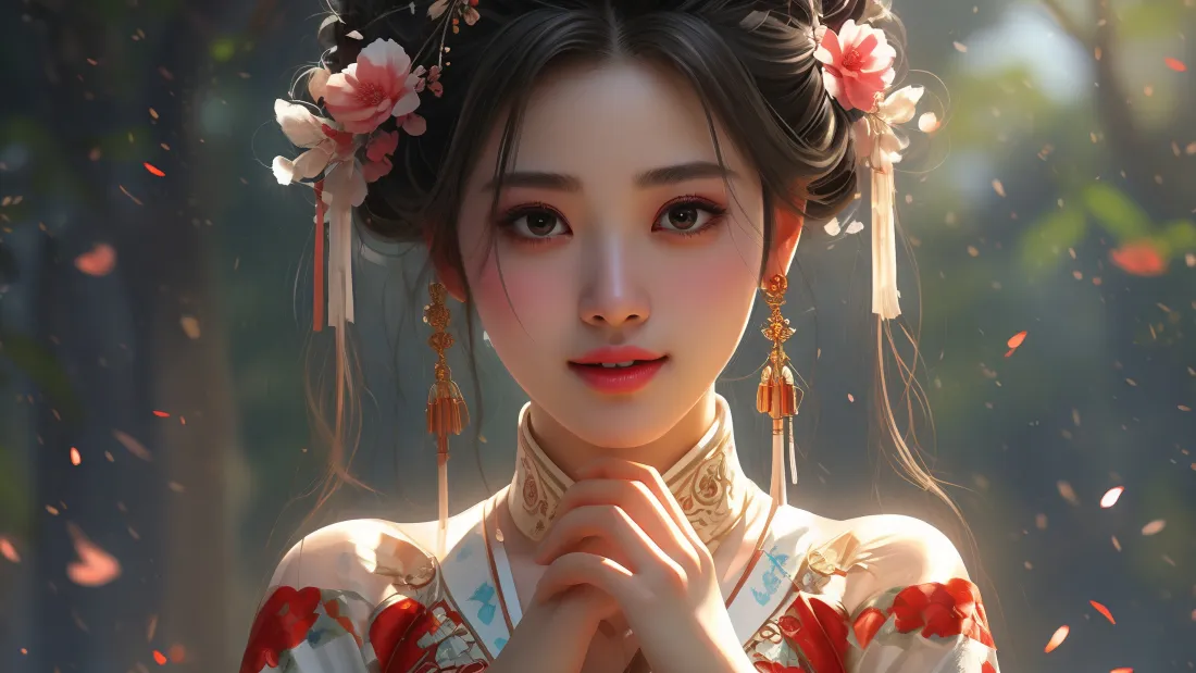 3kAI古装美女壁纸｜花瓣背景图片 - 魅力迷人超清「哲风壁纸」