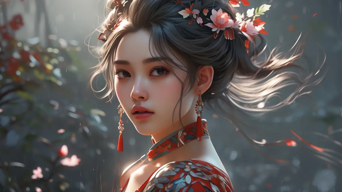 3kAI古装动漫壁纸｜古风背景图片 - 红衣美女「哲风壁纸」