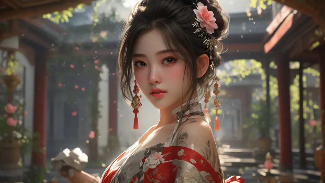 3kAI古装动漫壁纸｜古风庭院背景 - 红衣古装美女「哲风壁纸」