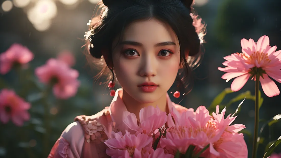 3k古风美女壁纸｜粉色花卉背景图片 - AI古装动漫「哲风壁纸」
