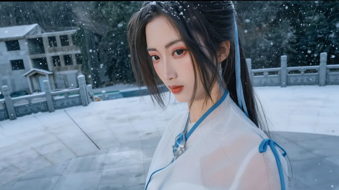 4k古装清纯女子壁纸｜雪景庭院背景图 - 白衣蓝丝带「哲风壁纸」