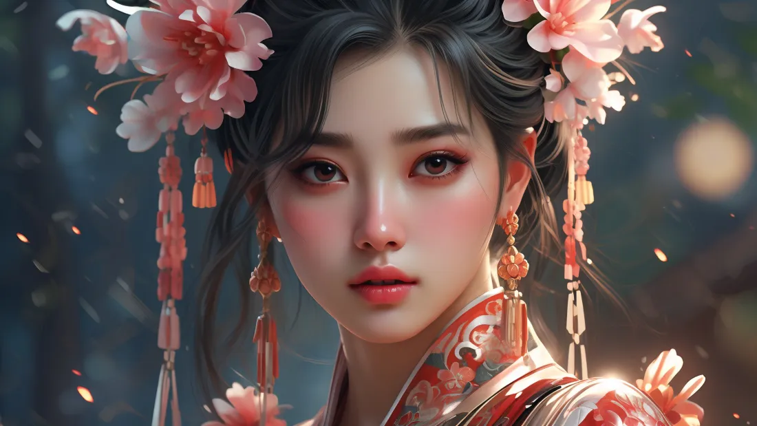 3k古风AI动漫壁纸｜粉色花朵背景 - 红衣古装美女「哲风壁纸」
