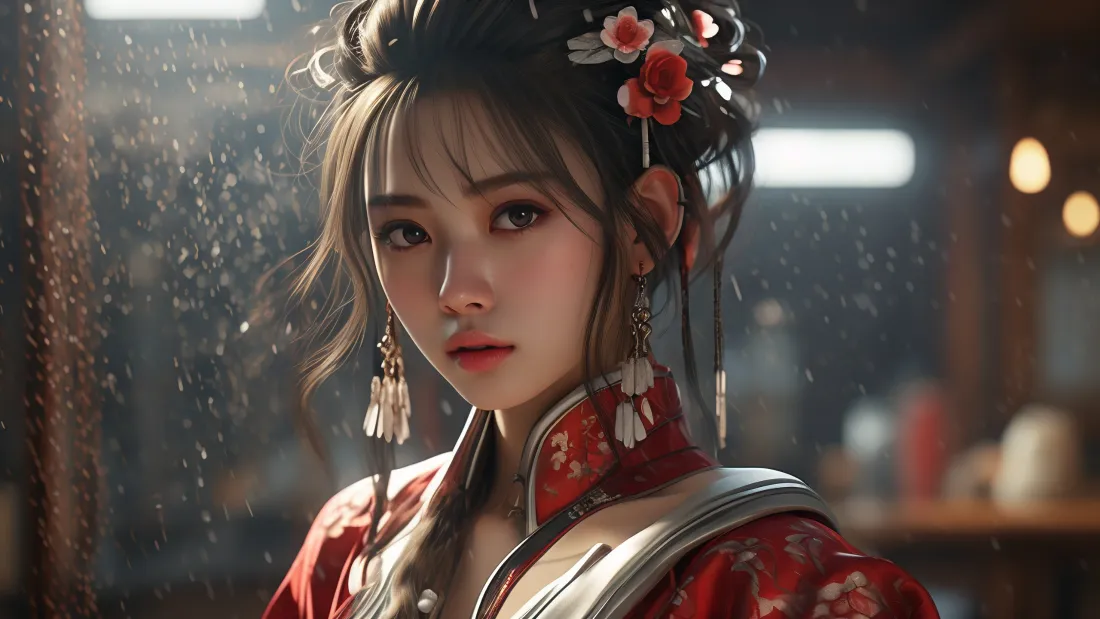 3k古风美女壁纸｜红衣古装背景图片 - 雨中古风场景「哲风壁纸」