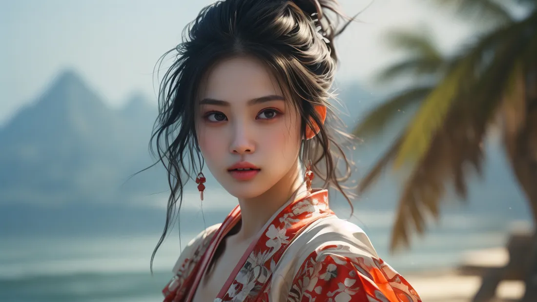 3k红衣古装美女壁纸｜海边山水背景图片 - 古风AI动漫「哲风壁纸」