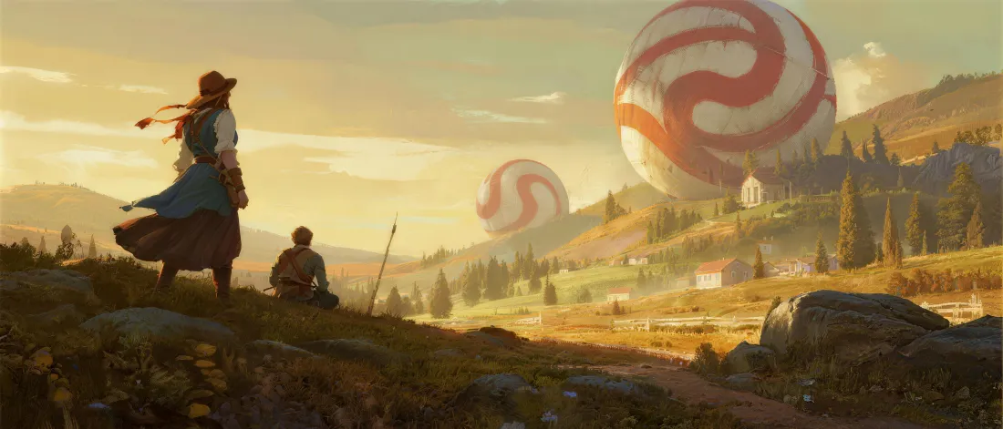 5k游戏概念壁纸｜黄昏风景背景 - 角色气球「哲风壁纸」