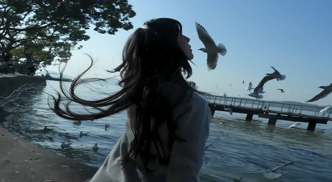 2k长发美女壁纸｜海边背景图片 - 海鸥栈桥「哲风壁纸」