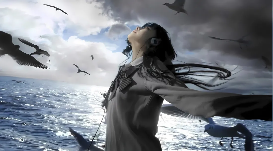 2k动漫美女jk壁纸｜大海飞鸟背景 - 仰头飞鸟「哲风壁纸」