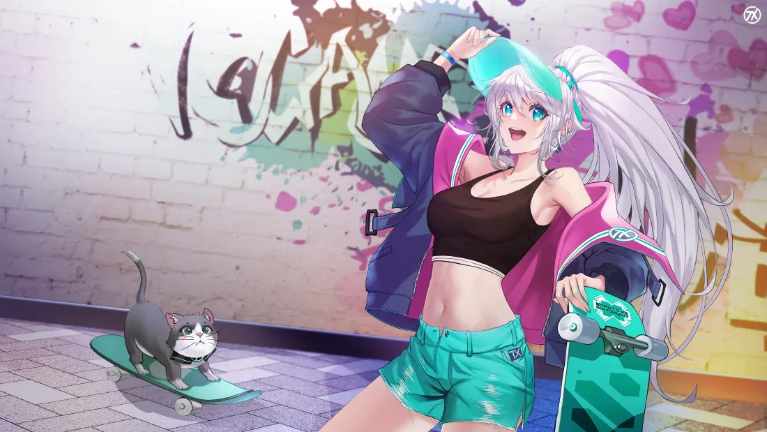 4k天选姬壁纸｜涂鸦背景图片 - 滑板猫咪运动装「哲风壁纸」