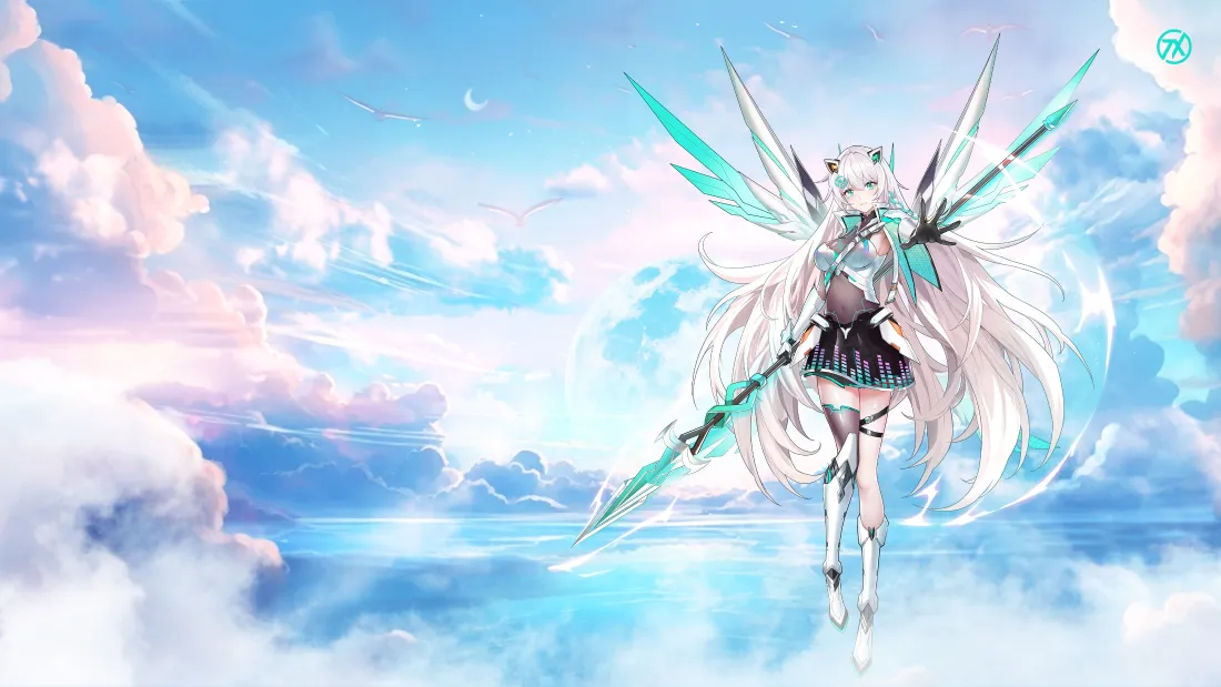 4k天选姬壁纸｜蓝天云朵背景 - 白发翅膀角色「哲风壁纸」