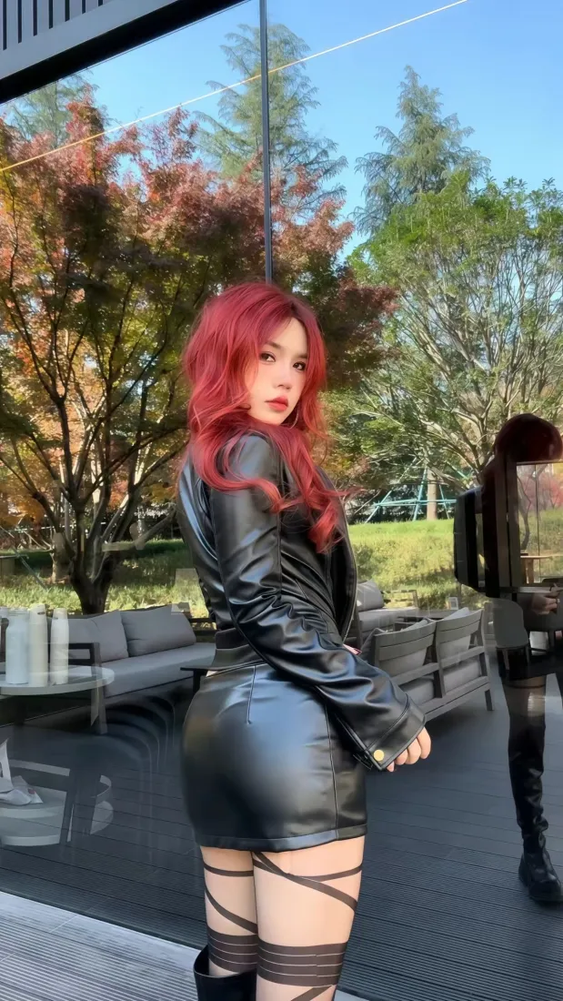 红发美女手机壁纸｜户外背景图片 - 黑色皮衣穿搭「哲风壁纸」