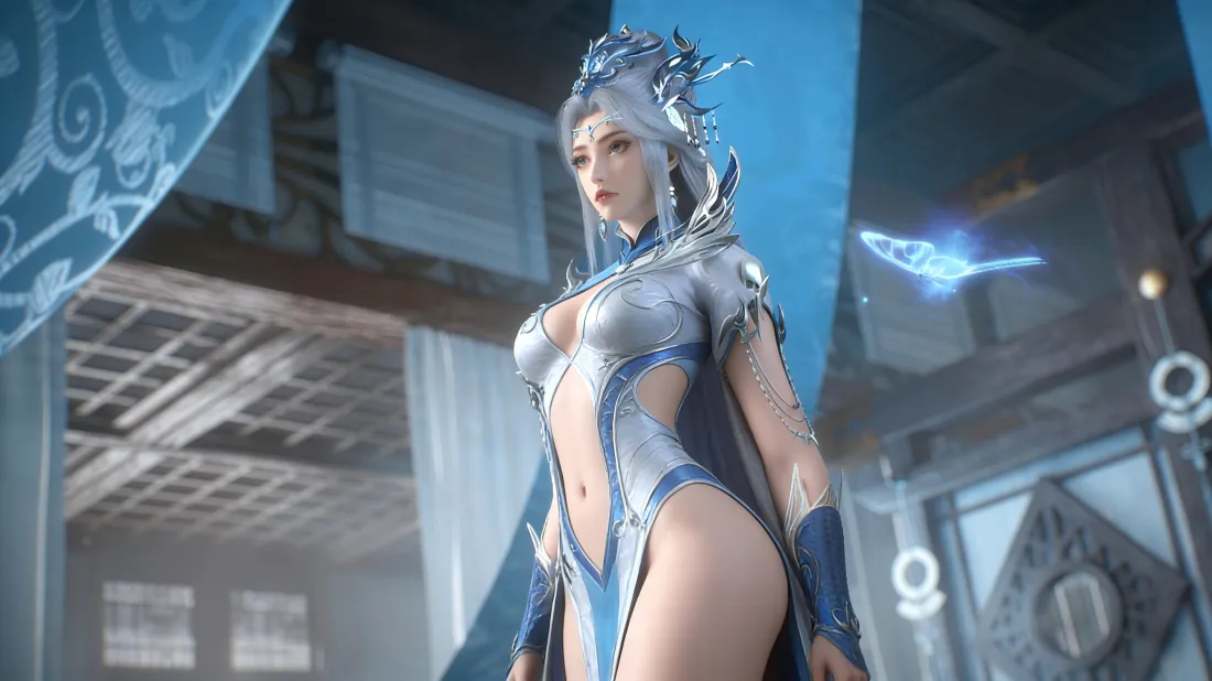 3k宁雨蝶壁纸｜百炼成神背景 - 蓝白紧身衣银发美女「哲风壁纸」