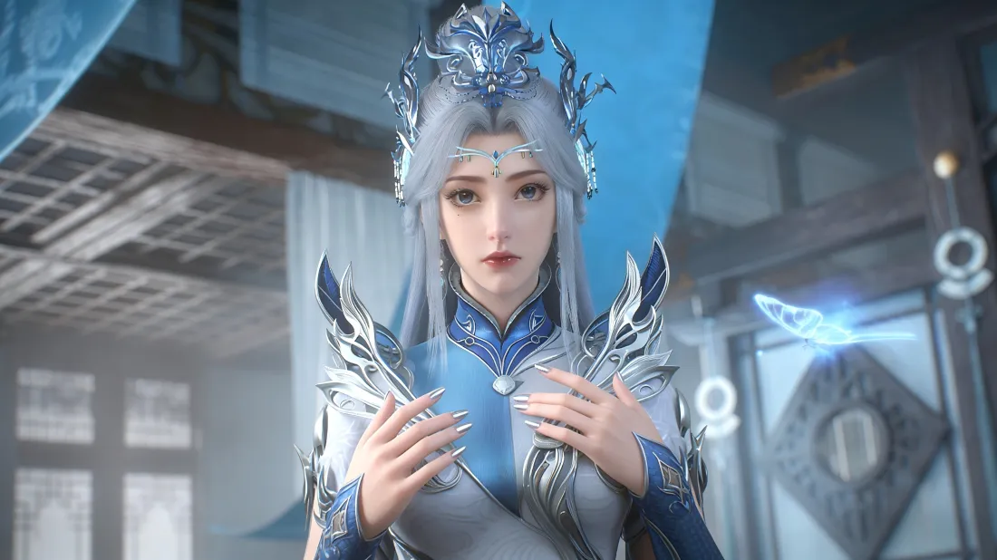 3k宁雨蝶壁纸｜百炼成神背景图 - 银发蓝甲美女「哲风壁纸」