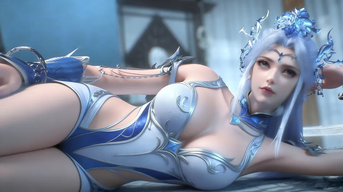 3k宁雨蝶壁纸｜百炼成神背景图片 - 蓝白服装银发性感美女「哲风壁纸」