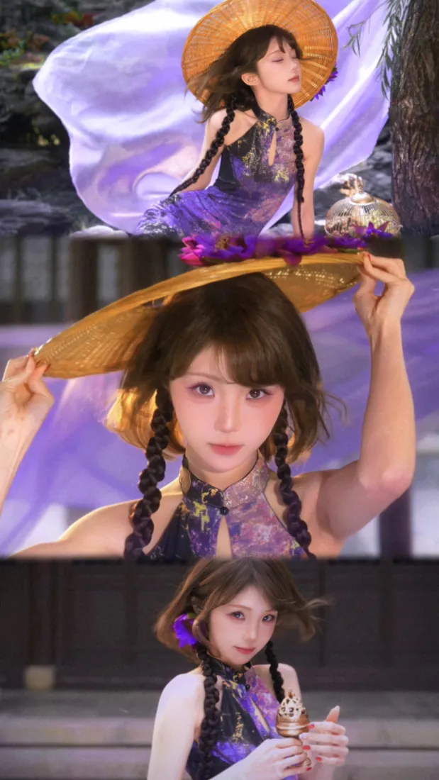 白昼小熊手机壁纸｜古风背景图 - 紫色飘带斗笠「哲风壁纸」