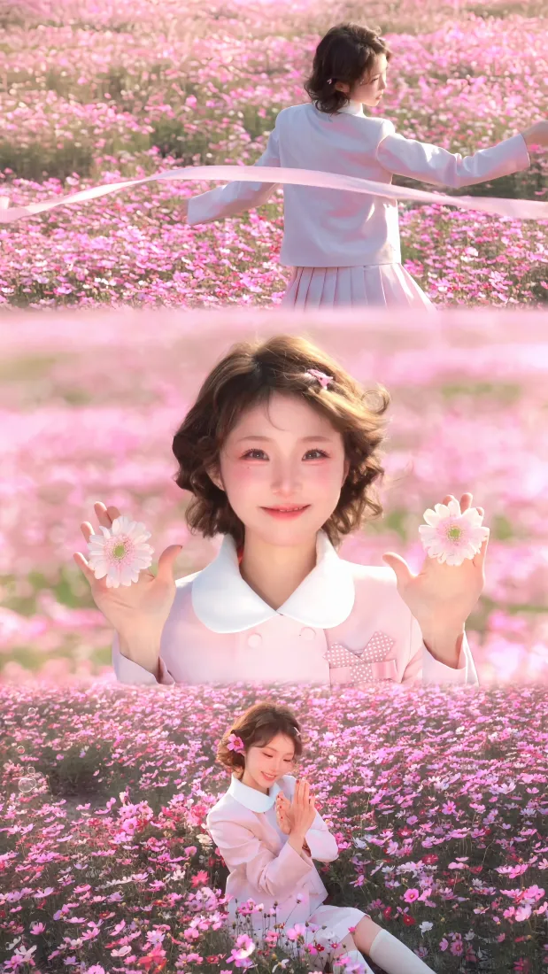 白昼小熊手机壁纸｜粉色花海背景 - 甜妹可爱少女「哲风壁纸」