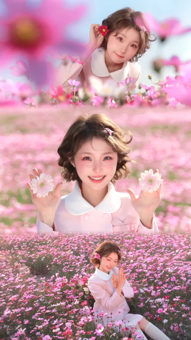 白昼小熊手机壁纸｜粉色花海背景图 - 甜妹少女「哲风壁纸」