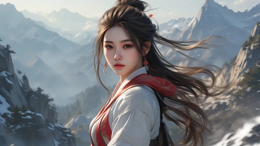 3k古装美女壁纸｜古风山水背景图片 - 红衣长发「哲风壁纸」
