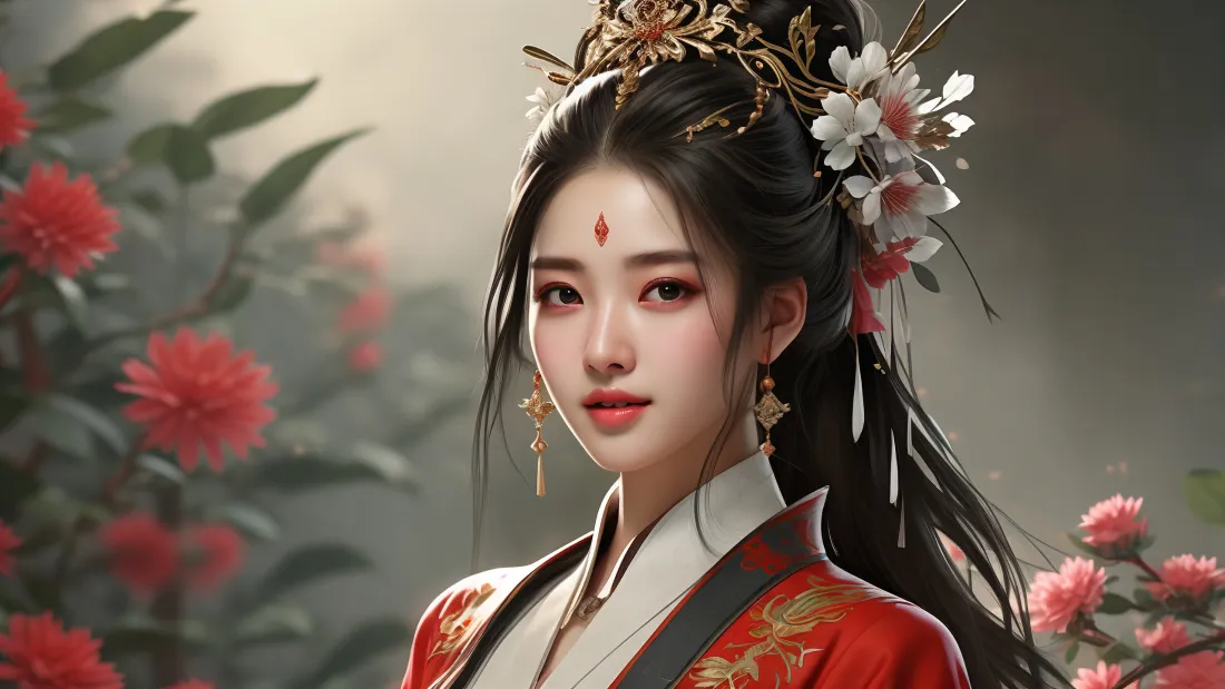 3k红衣古装美女壁纸｜古风花卉背景图片 - 花钿「哲风壁纸」
