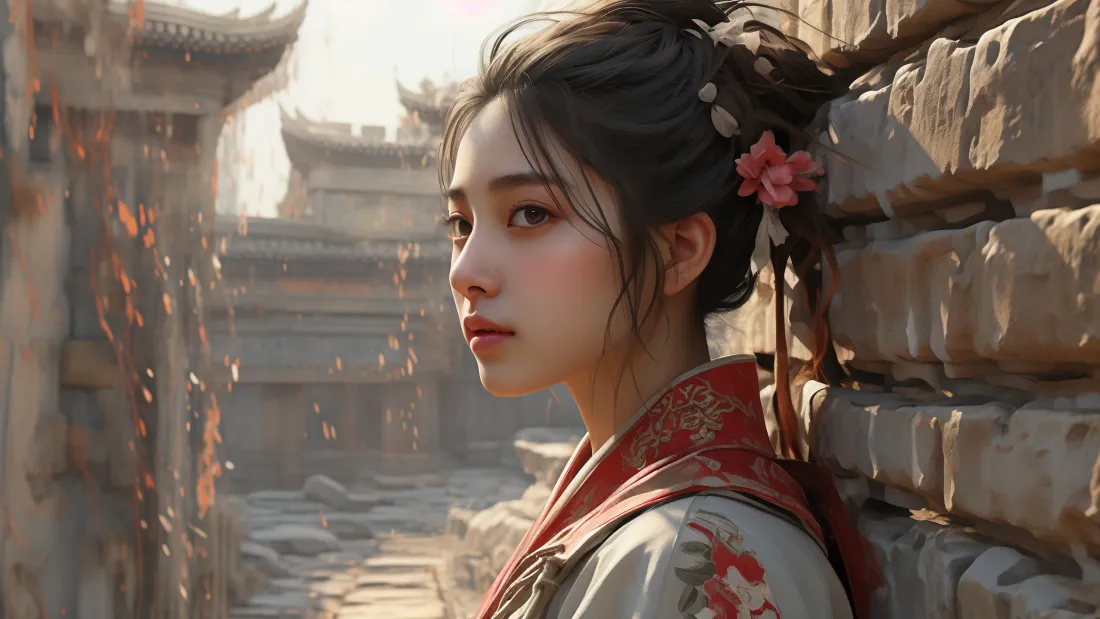 3k古装美女壁纸｜古风街道背景图片 - 红花发髻「哲风壁纸」