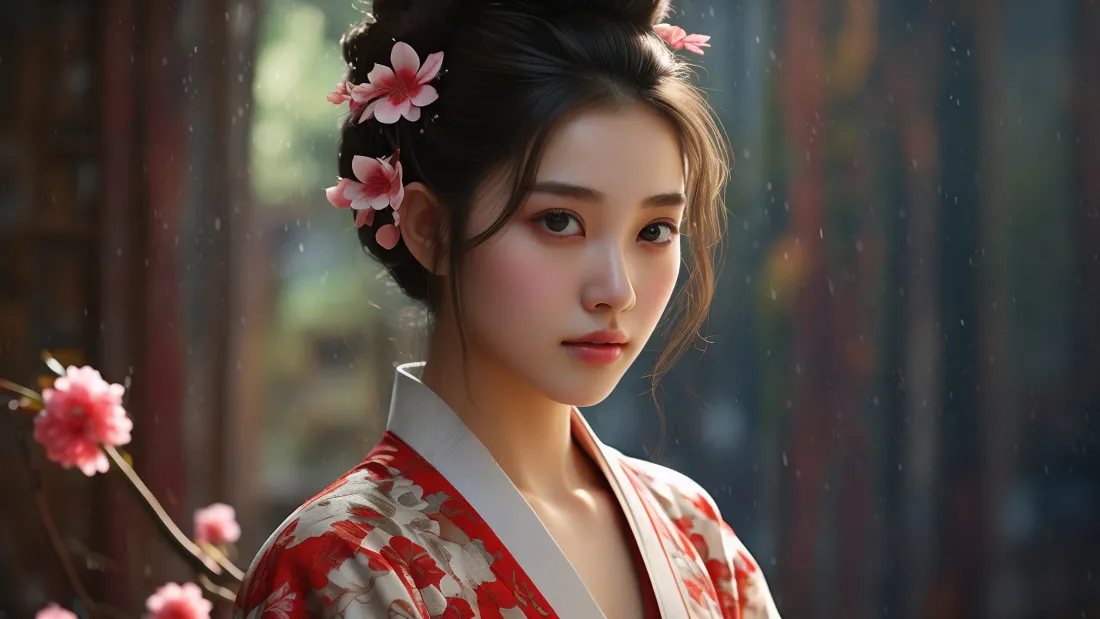 3k古风美女壁纸｜古风背景图 - 粉色梅花红衣「哲风壁纸」