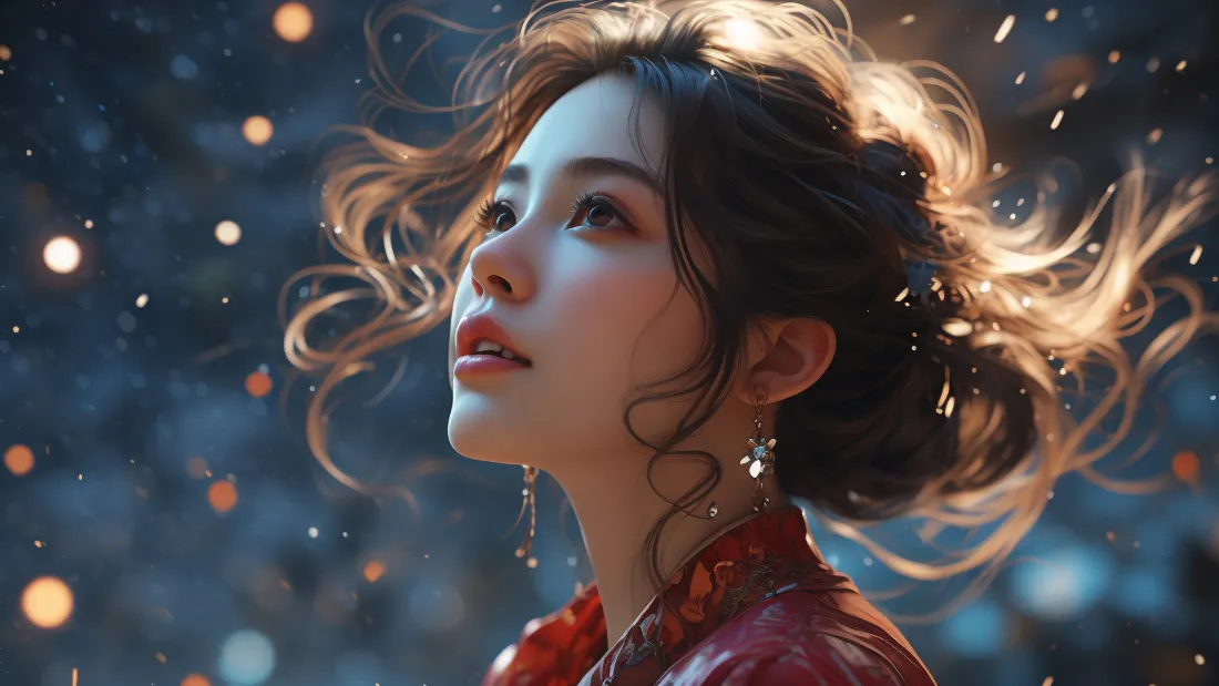 3k红衣美女古风壁纸｜夜景背景图片 - 光斑雪花「哲风壁纸」