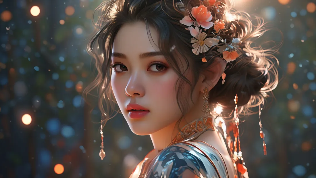 3k古风AI美女壁纸｜光斑背景图片 - 花朵发饰「哲风壁纸」