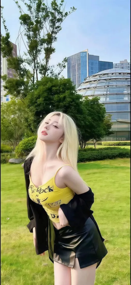 金发美女手机壁纸｜草坪都市背景 - 黄吊带黑皮裙「哲风壁纸」