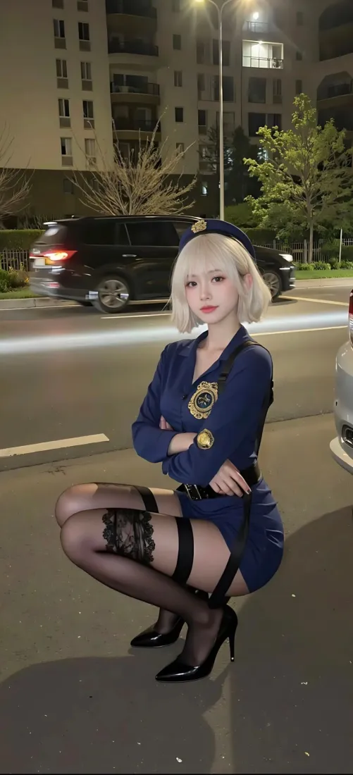 金发美女手机壁纸｜蓝色制服背景图片 - 夜景「哲风壁纸」