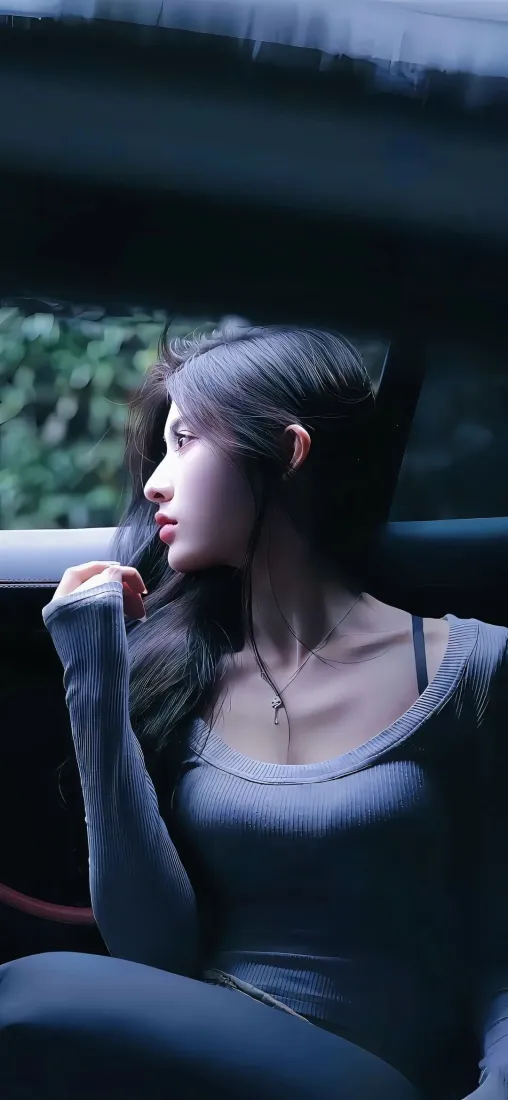 车内美女手机壁纸｜车内背景图片 - 灰色紧身衣「哲风壁纸」