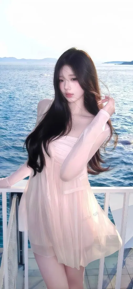 海边美女手机壁纸｜海景背景图片 - 粉色连衣裙「哲风壁纸」