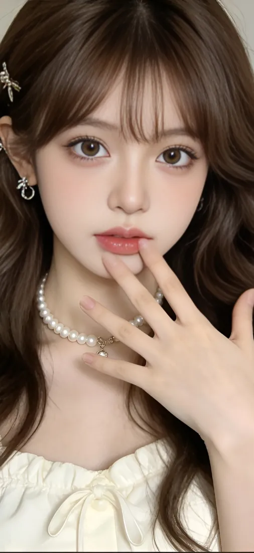 美女手机壁纸｜白色上衣背景图 - 珍珠项链卷发「哲风壁纸」