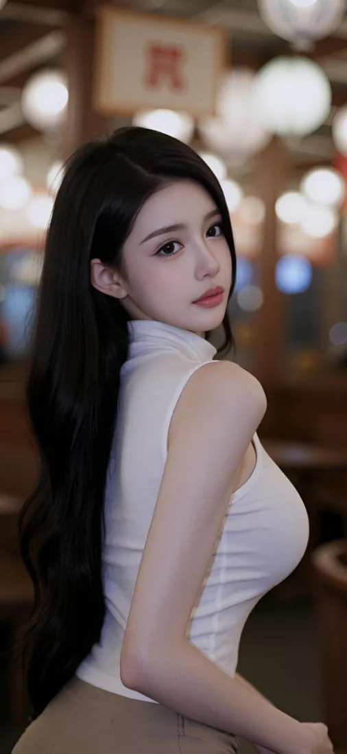 美女手机壁纸｜暖光餐厅背景 - 白色上衣卡其裤「哲风壁纸」