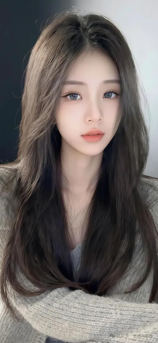 长发美女手机壁纸｜暗调背景图片 - 灰色毛衣「哲风壁纸」