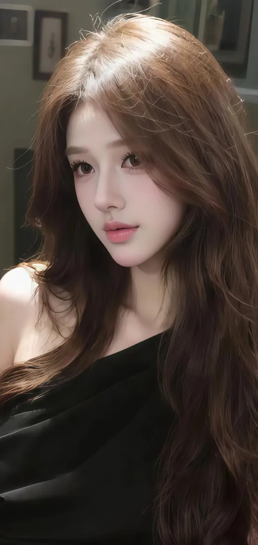 长发美女手机壁纸｜室内背景图片 - 黑色单肩裙迷人「哲风壁纸」