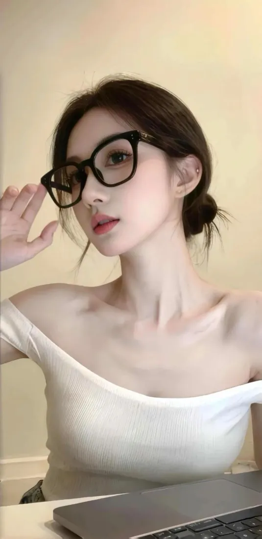 白衣美女手机壁纸｜浅黄背景 - 黑框眼镜办公「哲风壁纸」