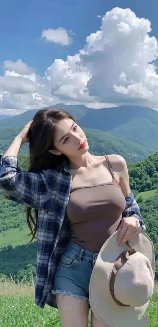 户外美女手机壁纸｜青山草地背景图 - 格子衬衫草帽「哲风壁纸」