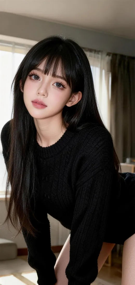 黑衣美女手机壁纸｜室内背景图片 - Ios 美女「哲风壁纸」