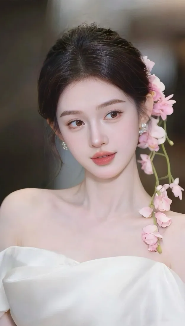 白衣美女手机壁纸｜粉色花饰背景图片 - 白色礼服「哲风壁纸」