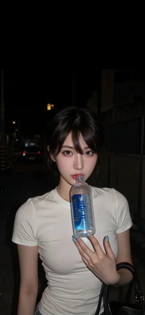 白衣美女手机壁纸｜夜景背景图片 - 手持蓝色饮料「哲风壁纸」