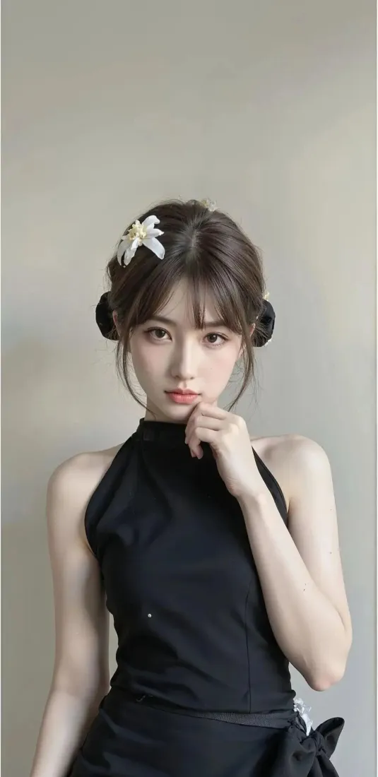 黑衣美女手机壁纸｜简约背景 - 白色发饰「哲风壁纸」