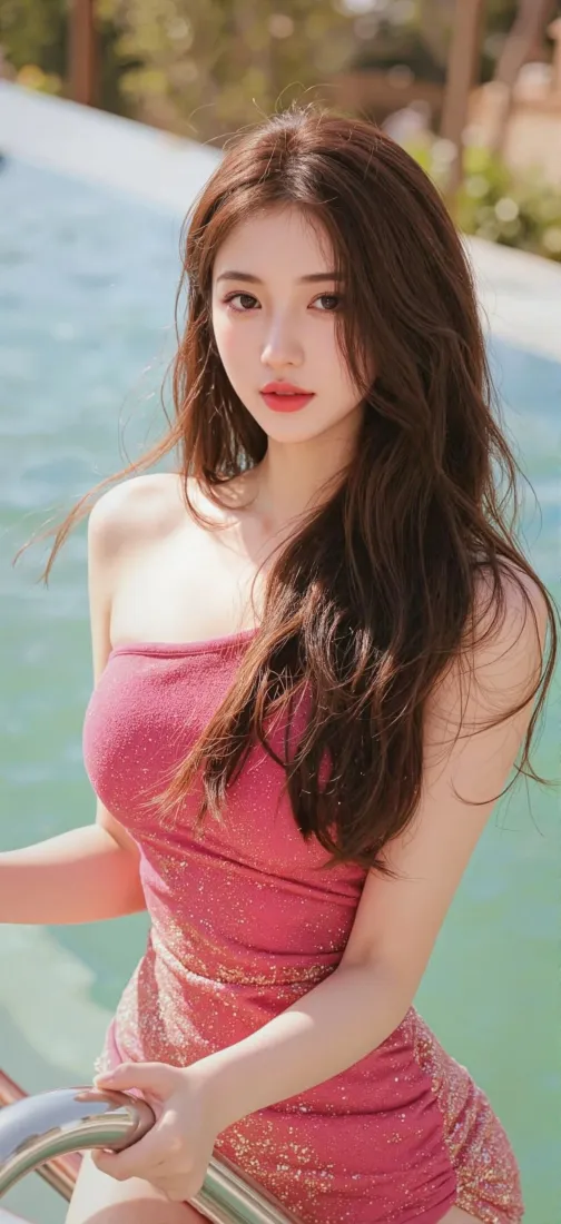 粉色连衣裙美女手机壁纸｜泳池背景图片 - 夏日清新「哲风壁纸」