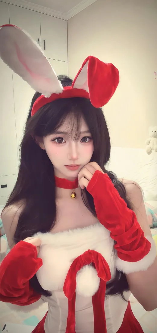 兔耳美女手机壁纸｜Ios背景图片 - 红衣铃铛长发「哲风壁纸」