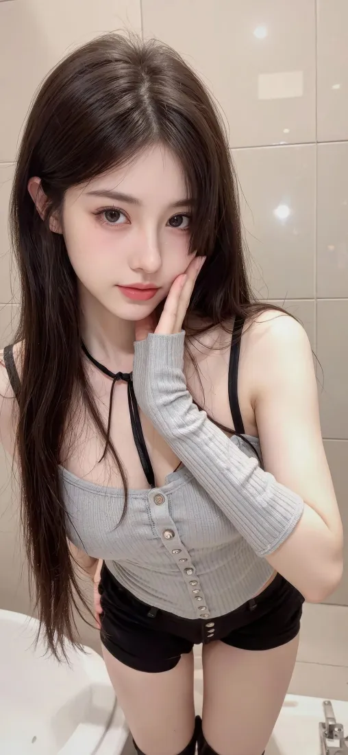 美女手机壁纸｜浴室背景图片 - 灰色吊带黑色短裤「哲风壁纸」