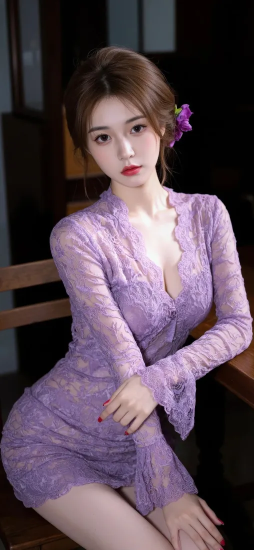紫色蕾丝裙美女手机壁纸｜室内背景图片 - 迷人「哲风壁纸」