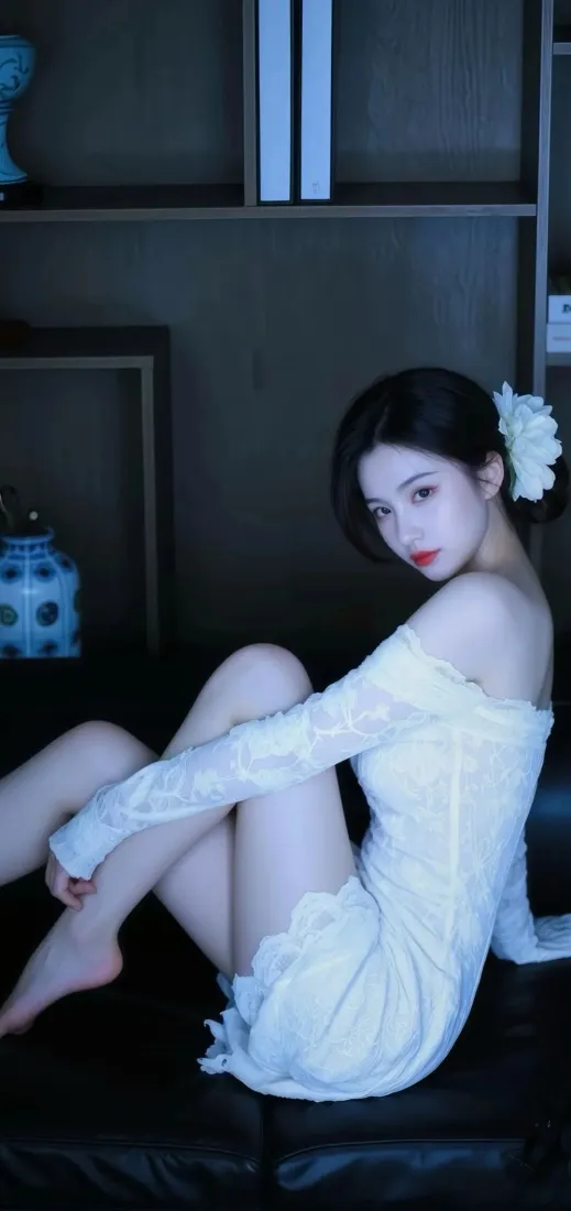 白衣美女手机壁纸｜深色背景图片 - 室内白花装饰「哲风壁纸」