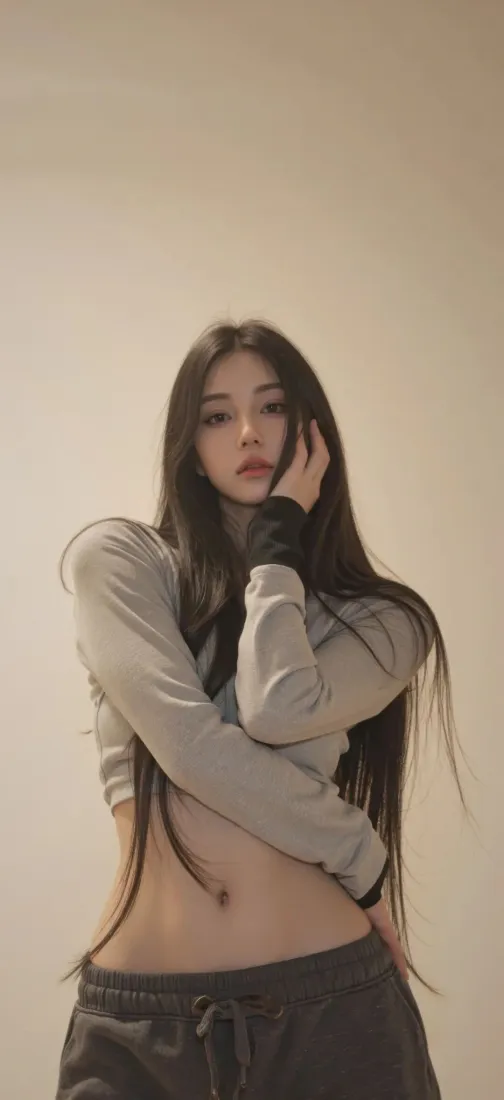 长发美女手机壁纸｜简约背景图片 - 灰色上衣「哲风壁纸」