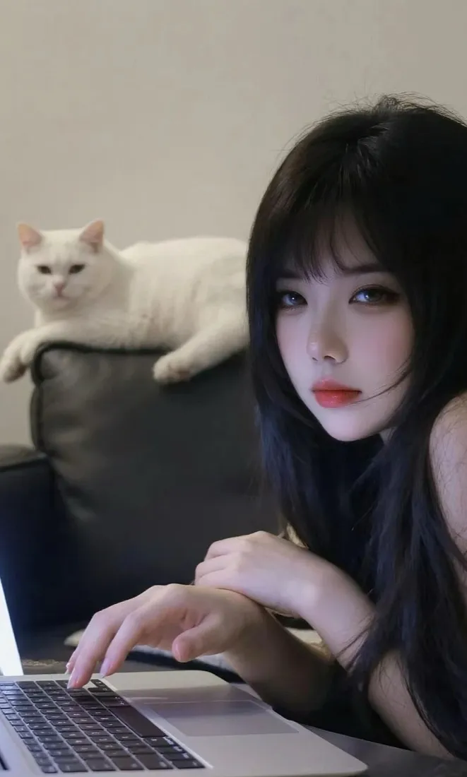 长发美女白猫手机壁纸｜居家背景 - 笔记本电脑「哲风壁纸」