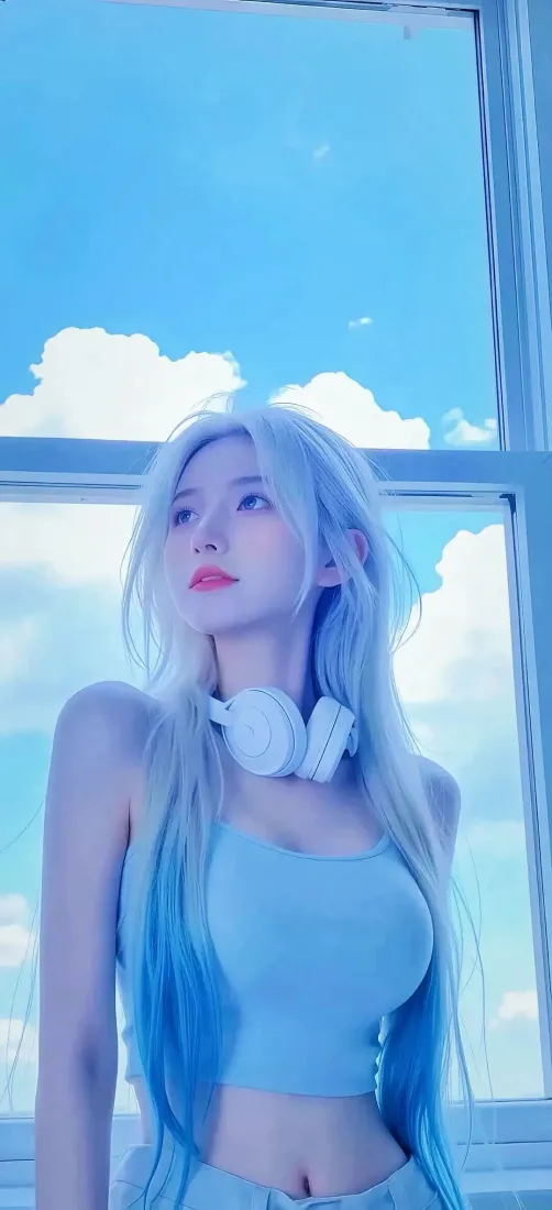 蓝发美女手机壁纸｜蓝天背景图片 - 浅蓝色穿搭「哲风壁纸」