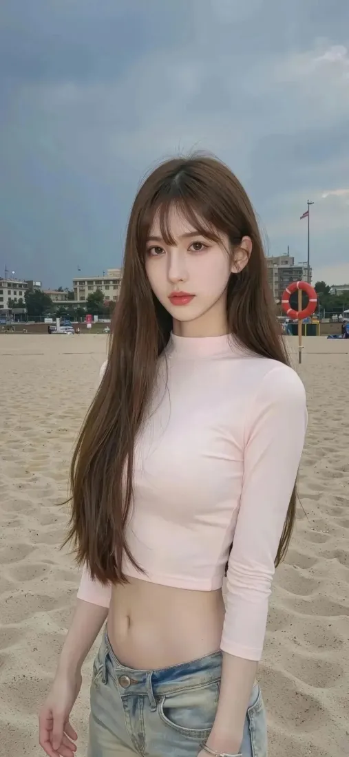 沙滩美女手机壁纸｜海滩背景图 - 粉色上衣「哲风壁纸」